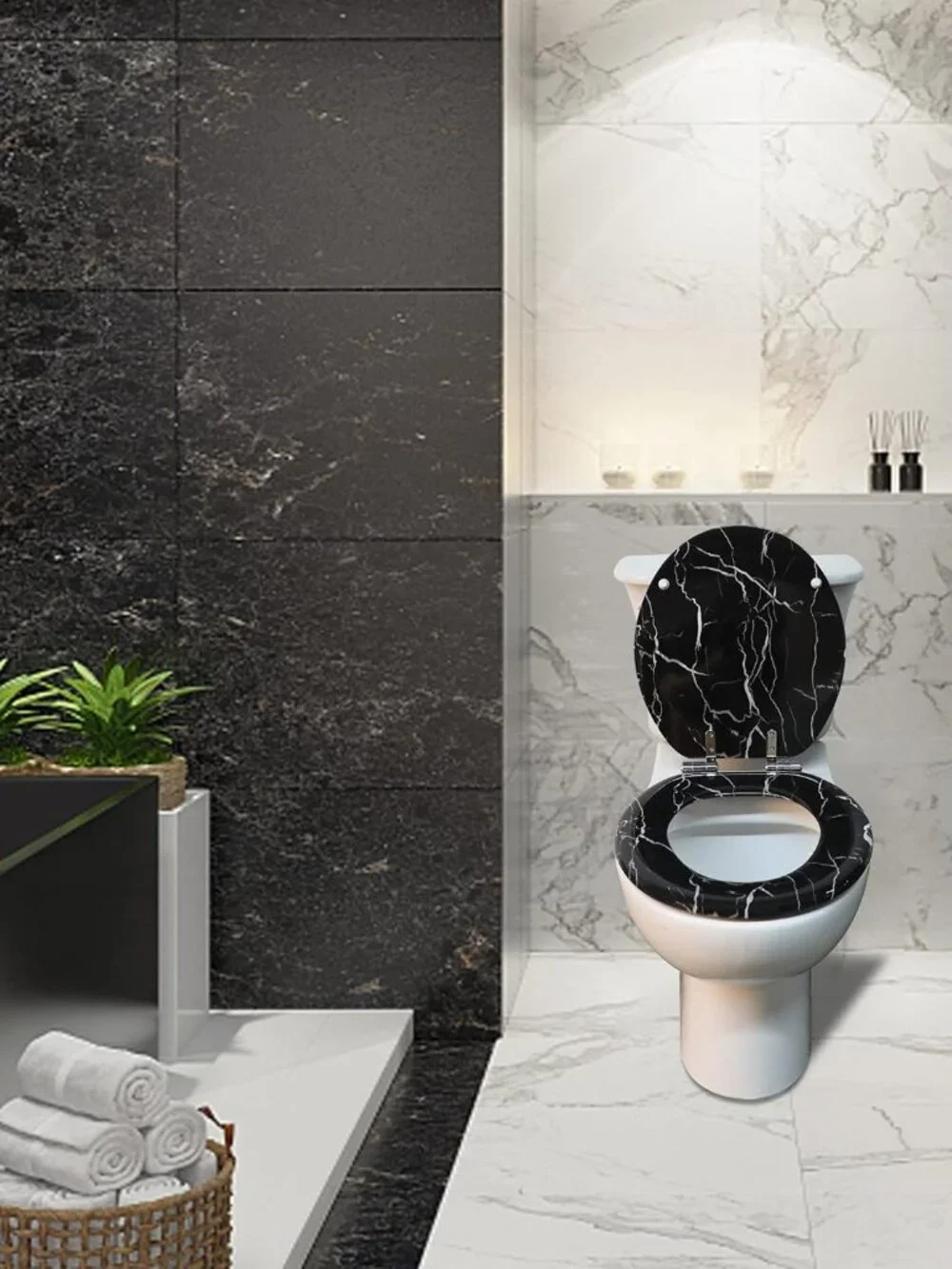 Angel Shield Black Marble Round Toilet Seat Quiet Close Quick Release Easy Clean